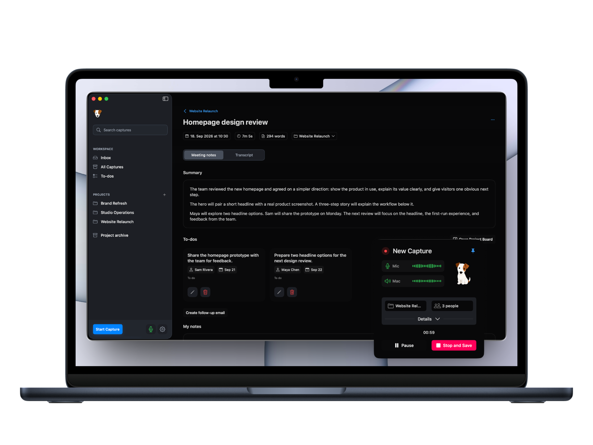 JackJack meeting notes and the capture window in dark mode on a Midnight MacBook