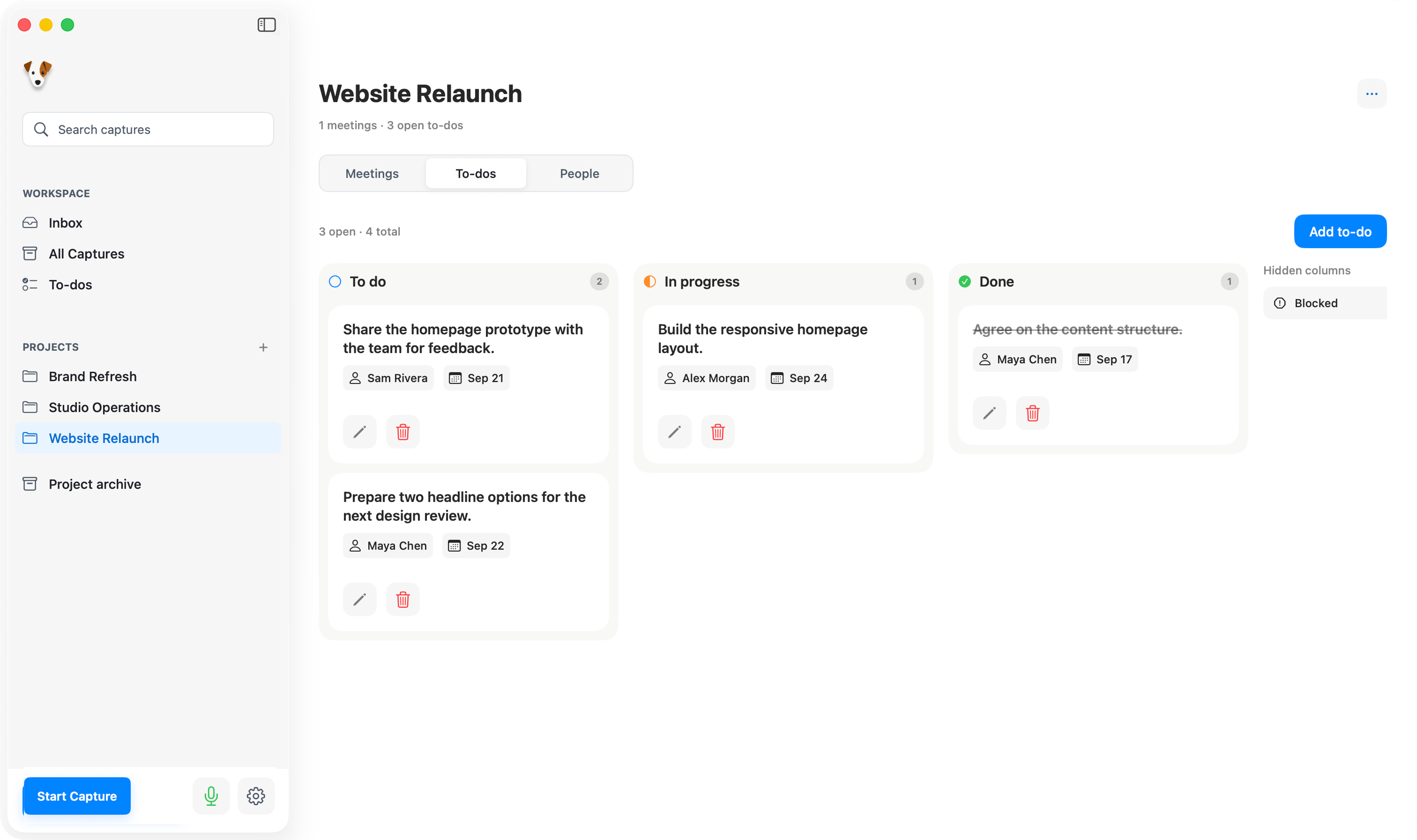 Website Relaunch project with tasks in To do, In progress and Done